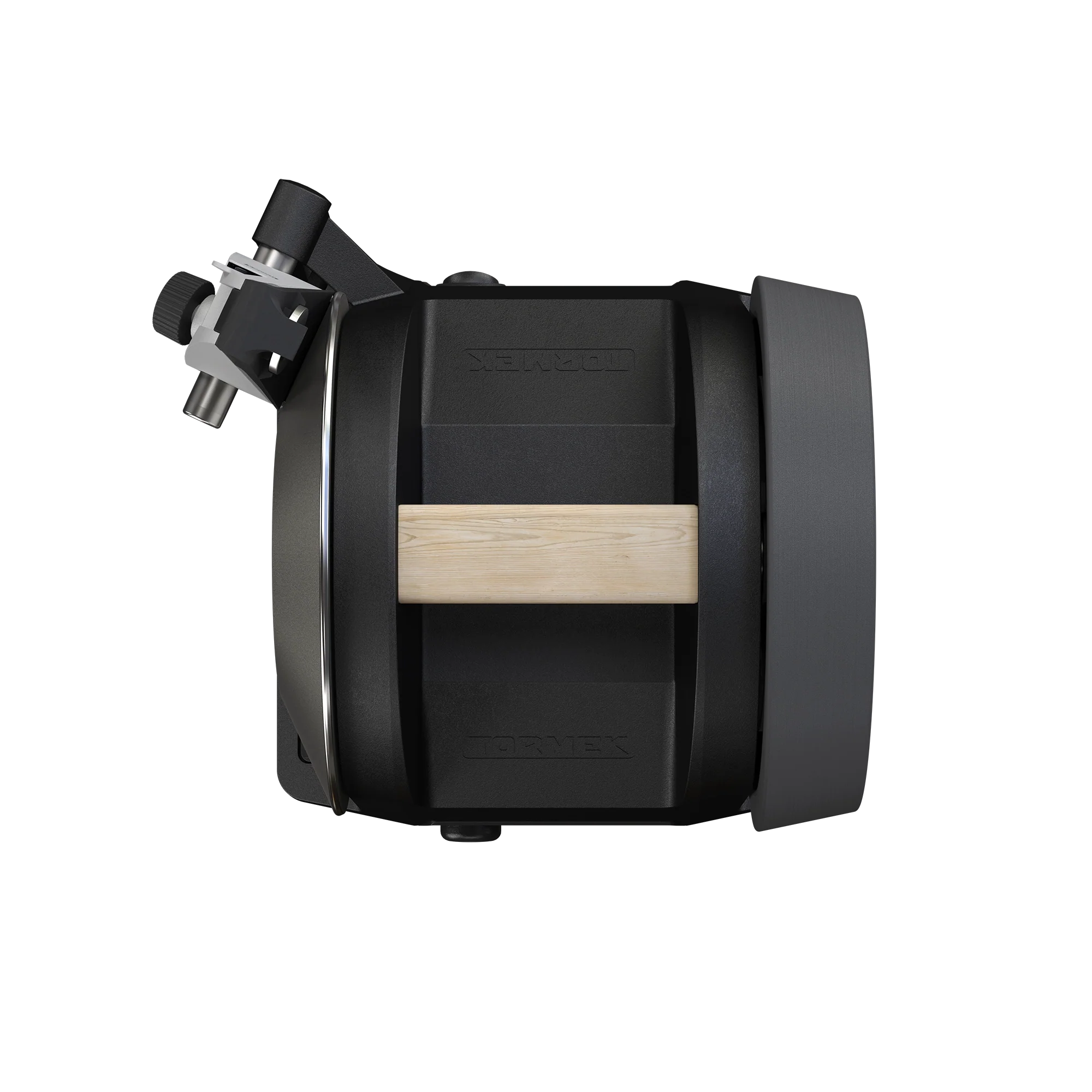 A top view of the Tormek T-1 Carbon Black showing the contrast of the black housing and the oak handle