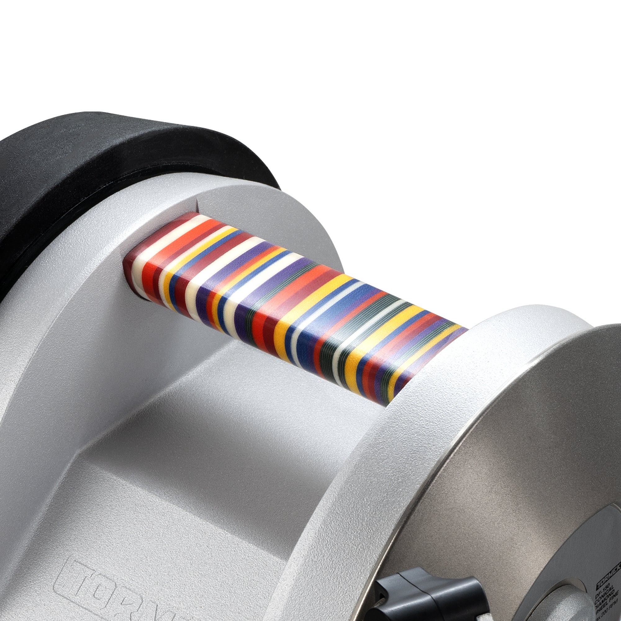 a close-up of the colorful handle of the Tormek T-1 Florentine Vibrant