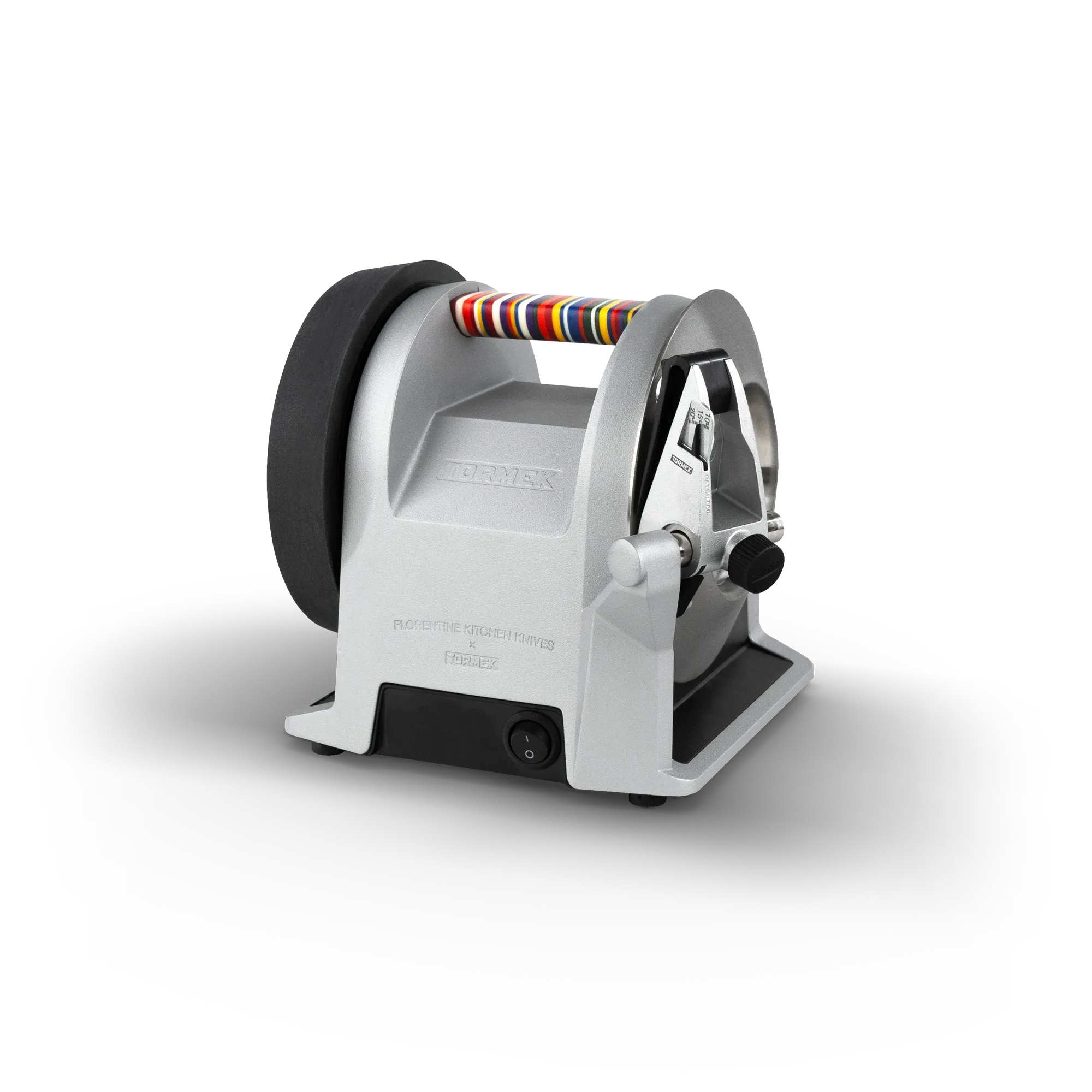 A Tormek T-1 Florentine Vibrant with a colorful handle