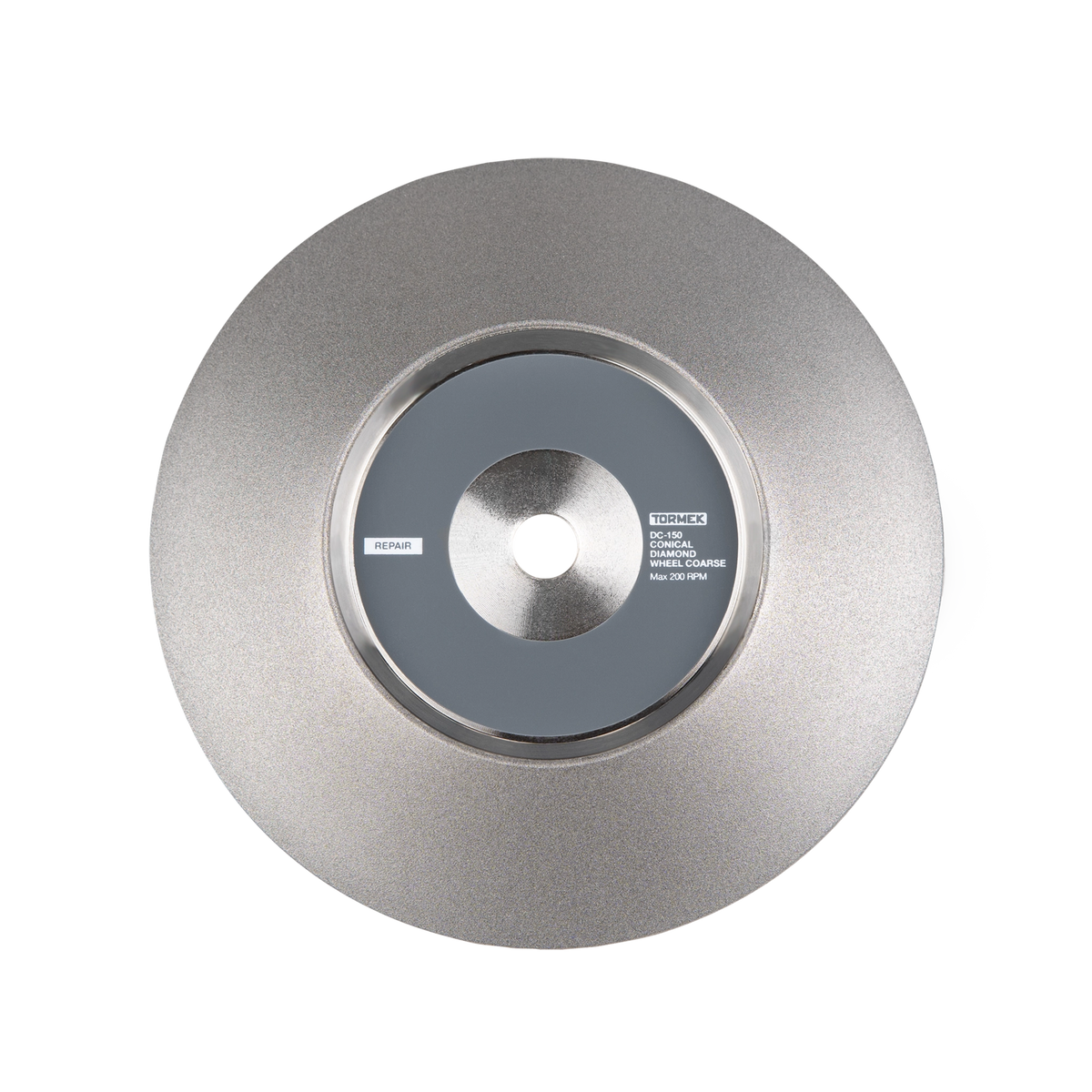 Flat view of the conical diamond wheel coarse with the word Repair on the label